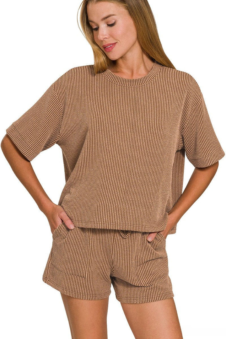 Zenana Corded Rib Short Sleeve Tee and Shorts Set