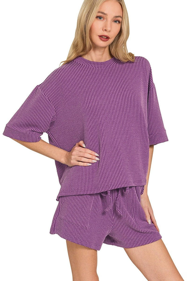 Zenana Corded Rib Short Sleeve Tee and Shorts Set