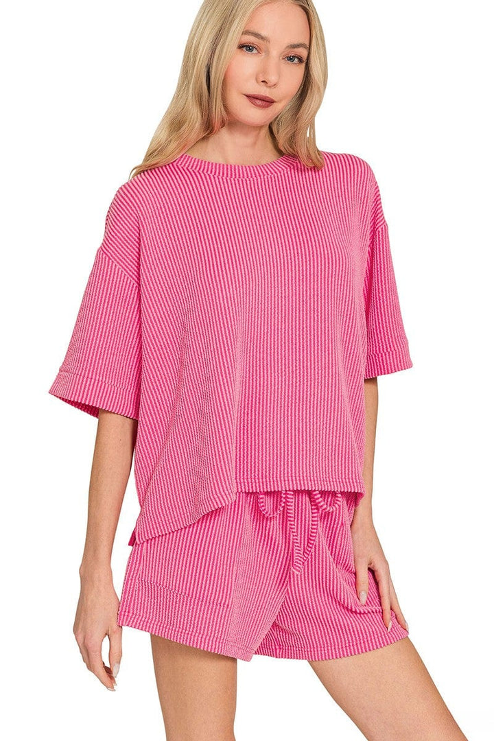 Zenana Corded Rib Short Sleeve Tee and Shorts Set