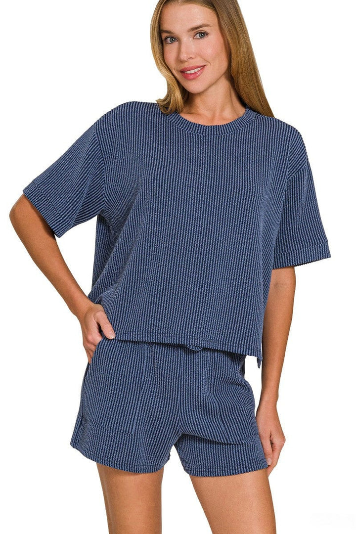Zenana Corded Rib Short Sleeve Tee and Shorts Set