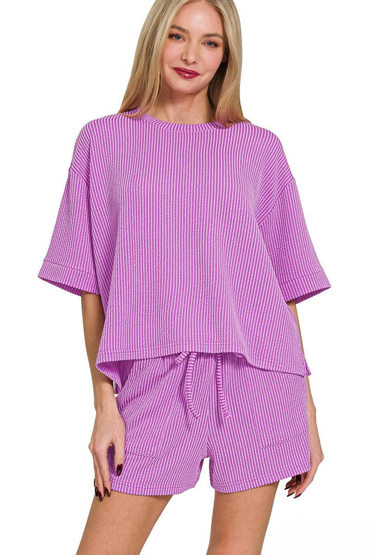 Zenana Corded Rib Short Sleeve Tee and Shorts Set