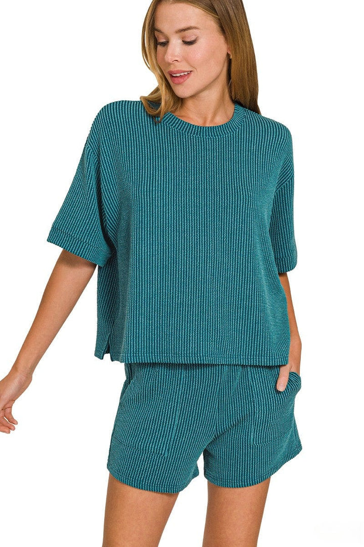 Zenana Corded Rib Short Sleeve Tee and Shorts Set