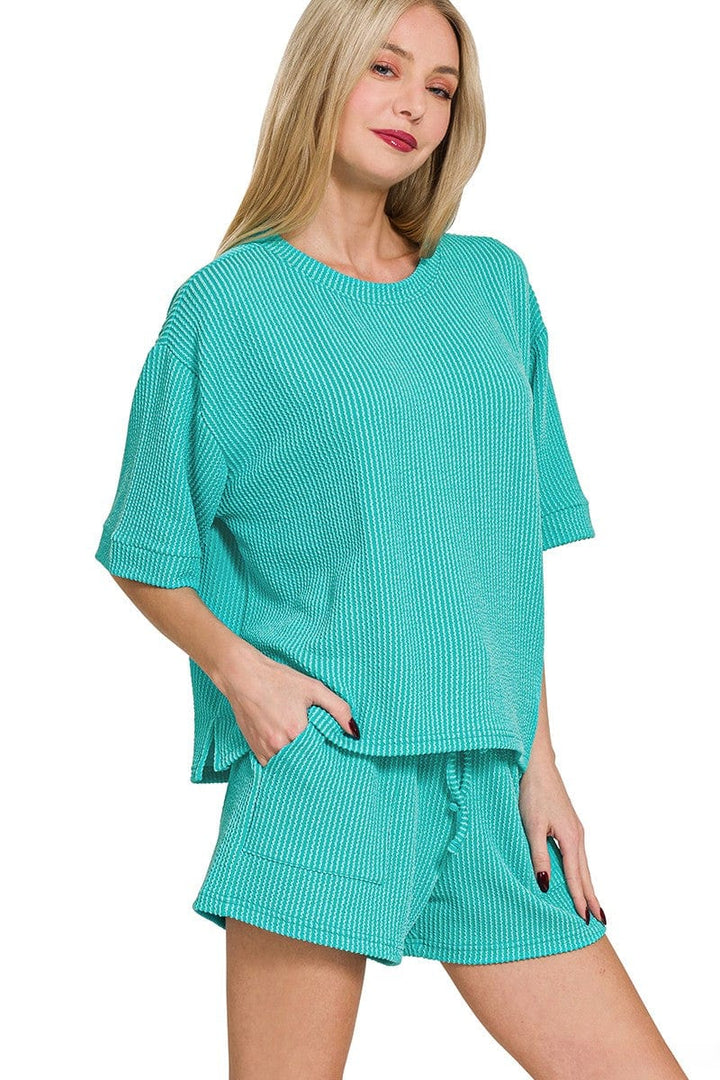 Zenana Corded Rib Short Sleeve Tee and Shorts Set