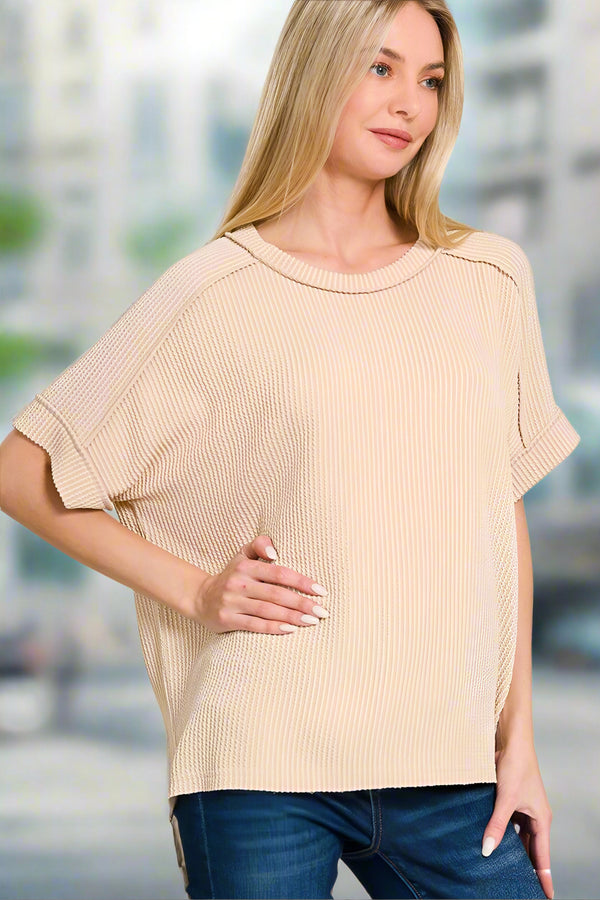Zenana Corded Ribbed Cuff Sleeve Raw Edge Top