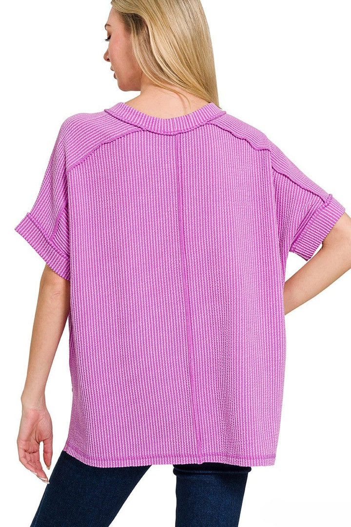 Zenana Corded Ribbed Cuff Sleeve Raw Edge Top