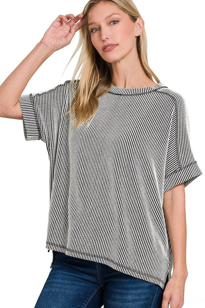 Zenana Corded Ribbed Cuff Sleeve Raw Edge Top