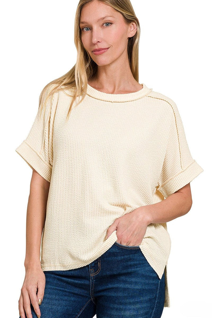 Zenana Corded Ribbed Cuff Sleeve Raw Edge Top