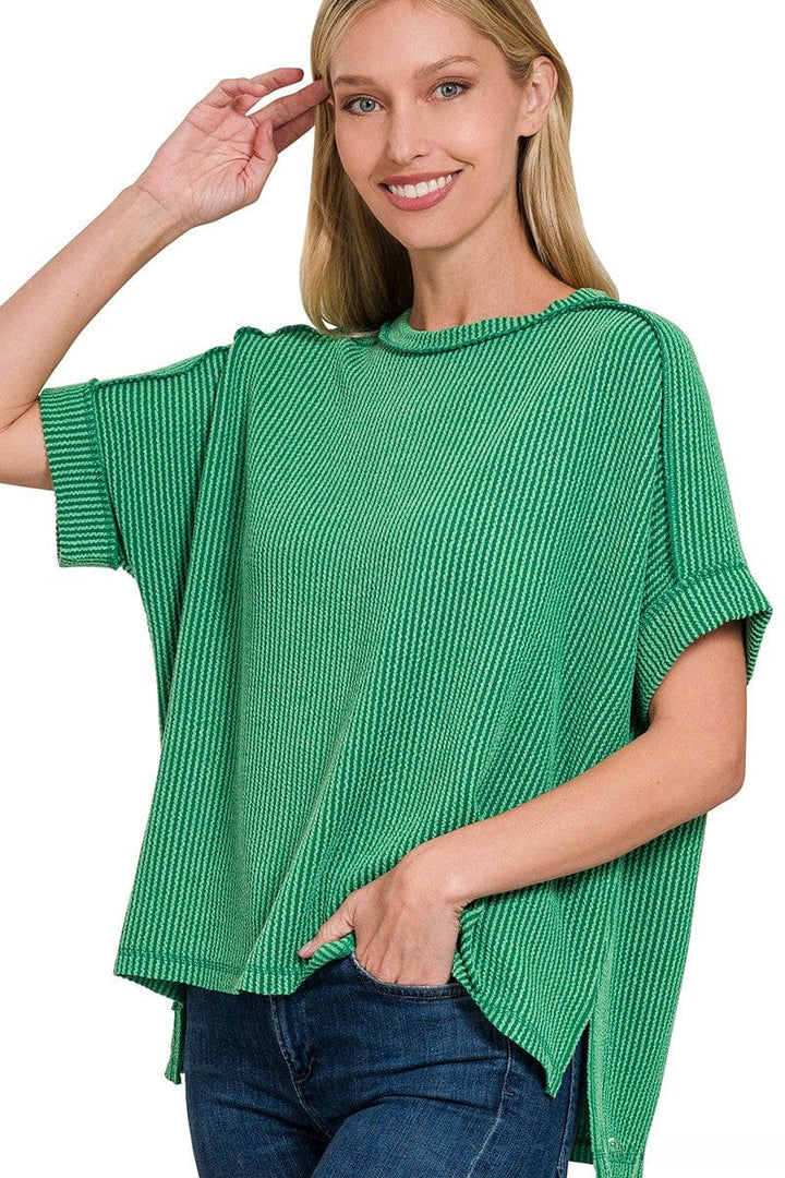 Zenana Corded Ribbed Cuff Sleeve Raw Edge Top