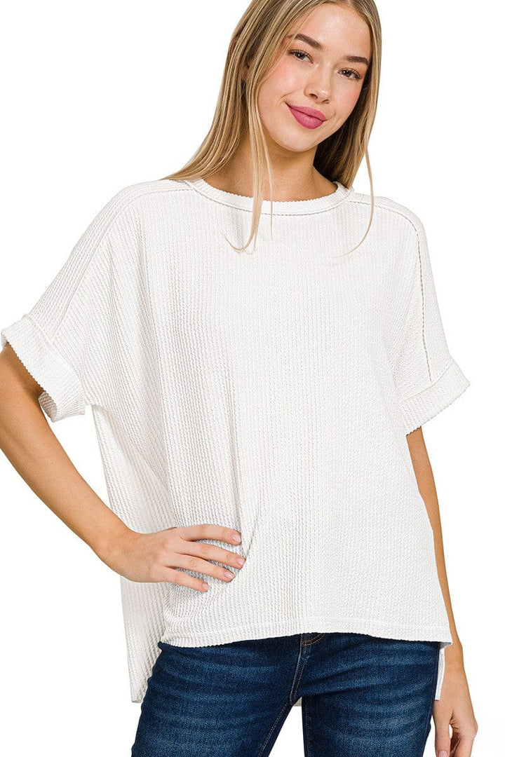 Zenana Corded Ribbed Cuff Sleeve Raw Edge Top