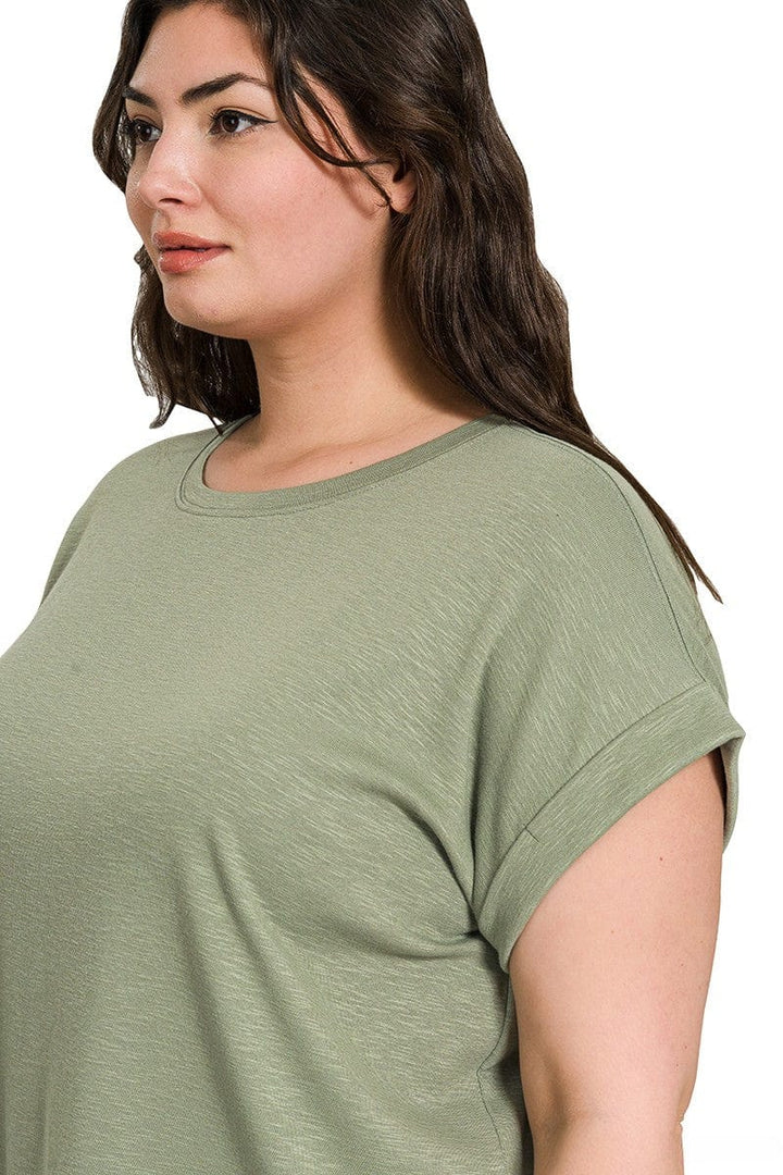 Zenana Cotton Modal Slub Rolled Sleeve Basic Tee Shirt