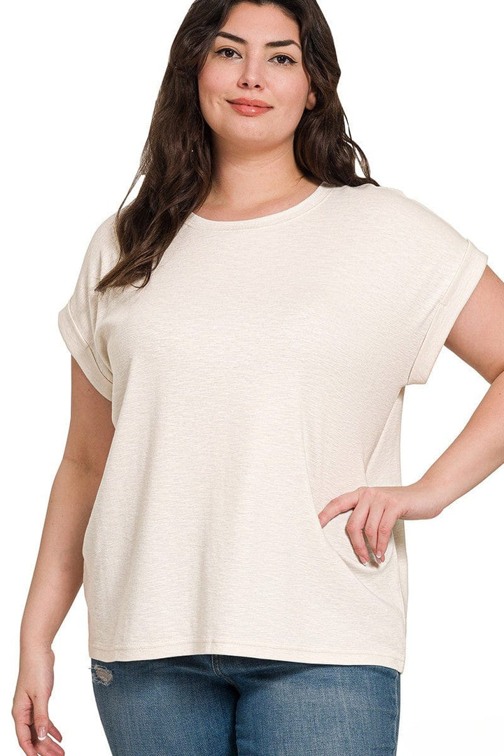 Zenana Cotton Modal Slub Rolled Sleeve Basic Tee Shirt