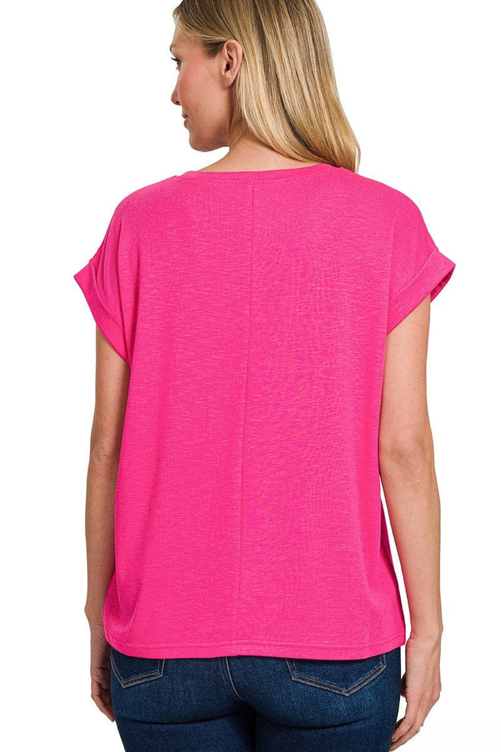 Zenana Cotton Modal Slub Rolled Sleeve Basic Tee Shirt