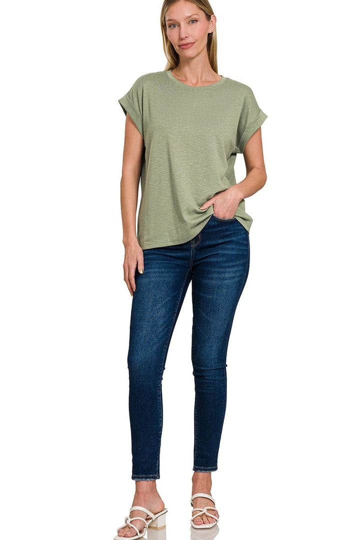 Zenana Cotton Modal Slub Rolled Sleeve Basic Tee Shirt