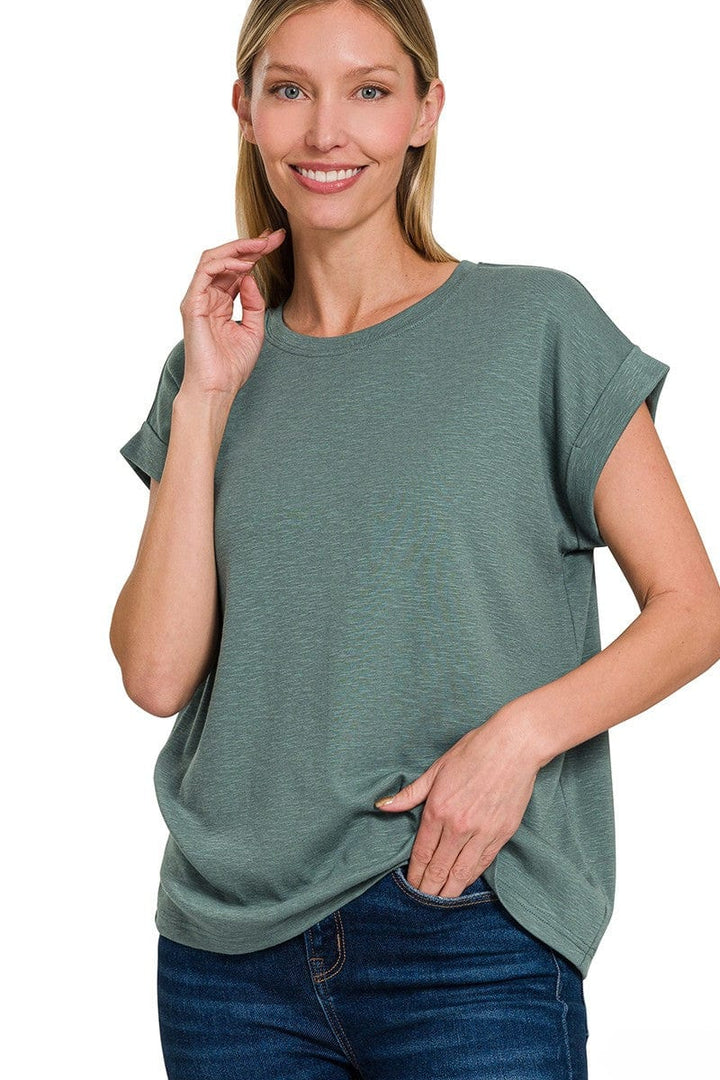 Zenana Cotton Modal Slub Rolled Sleeve Basic Tee Shirt