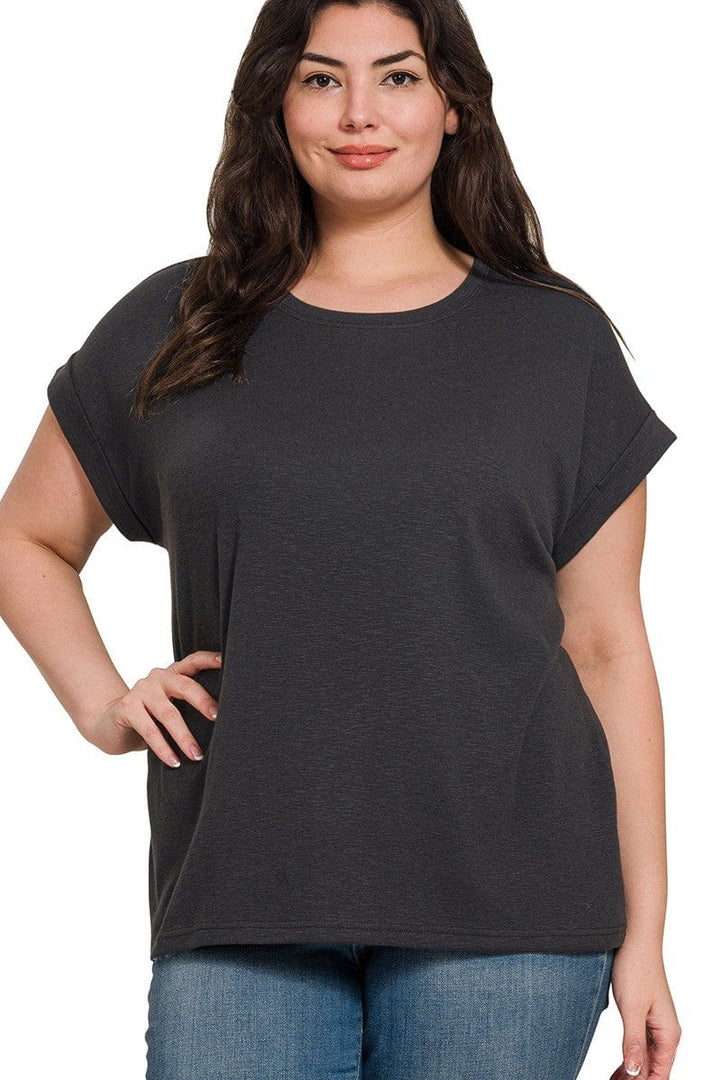 Zenana Cotton Modal Slub Rolled Sleeve Basic Tee Shirt