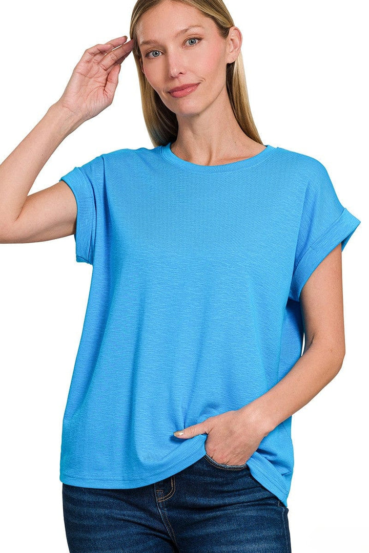 Zenana Cotton Modal Slub Rolled Sleeve Basic Tee Shirt