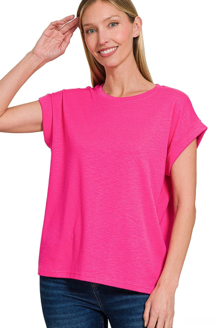 Zenana Cotton Modal Slub Rolled Sleeve Basic Tee Shirt