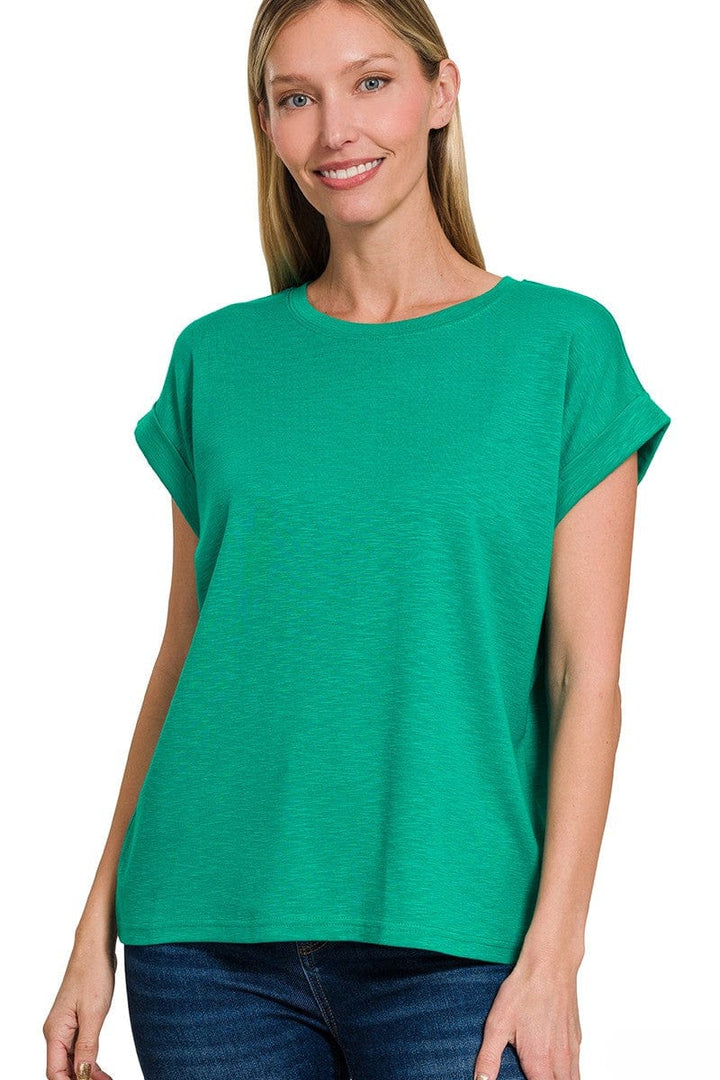 Zenana Cotton Modal Slub Rolled Sleeve Basic Tee Shirt