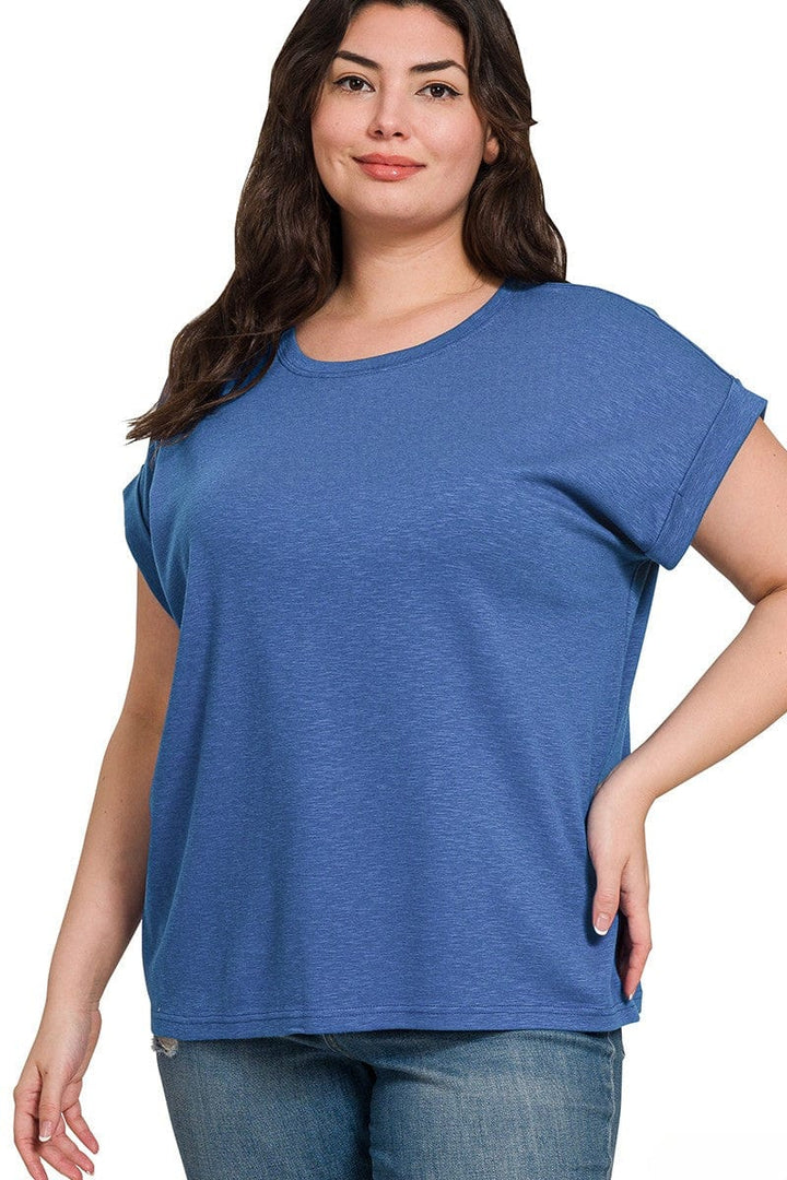 Zenana Cotton Modal Slub Rolled Sleeve Basic Tee Shirt