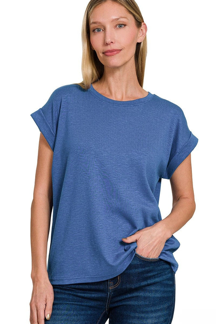 Zenana Cotton Modal Slub Rolled Sleeve Basic Tee Shirt