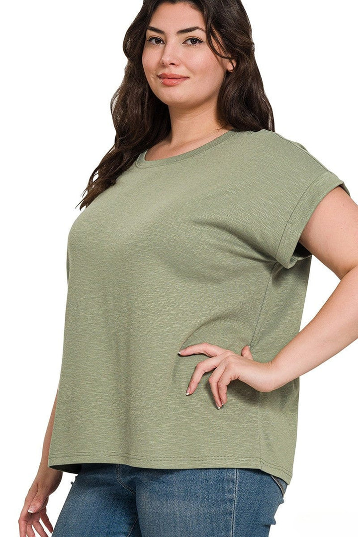 Zenana Cotton Modal Slub Rolled Sleeve Basic Tee Shirt