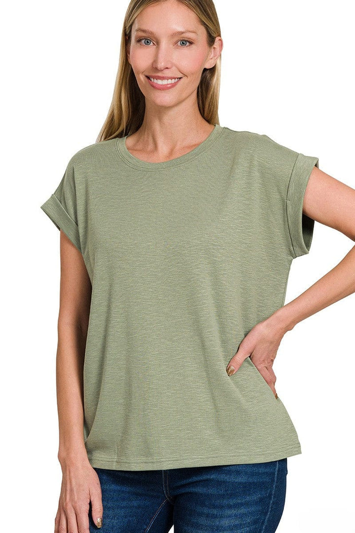 Zenana Cotton Modal Slub Rolled Sleeve Basic Tee Shirt