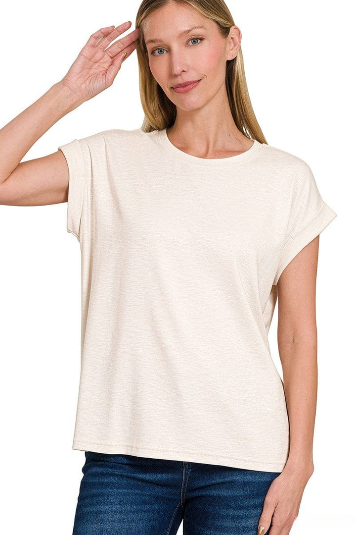 Zenana Cotton Modal Slub Rolled Sleeve Basic Tee Shirt