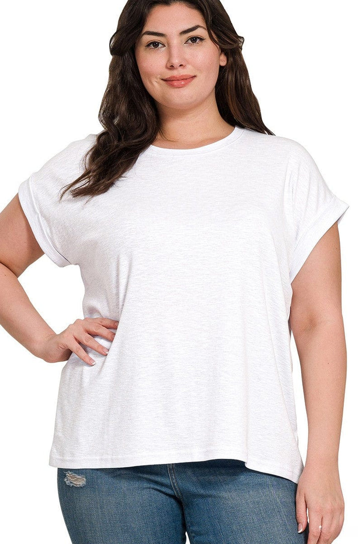 Zenana Cotton Modal Slub Rolled Sleeve Basic Tee Shirt