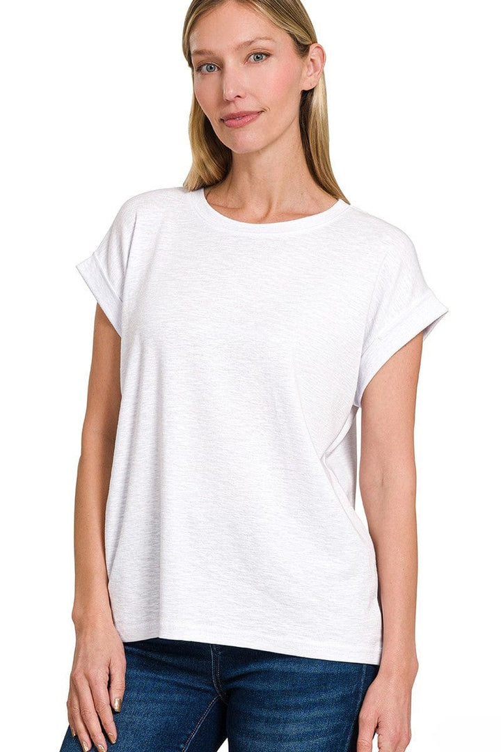 Zenana Cotton Modal Slub Rolled Sleeve Basic Tee Shirt