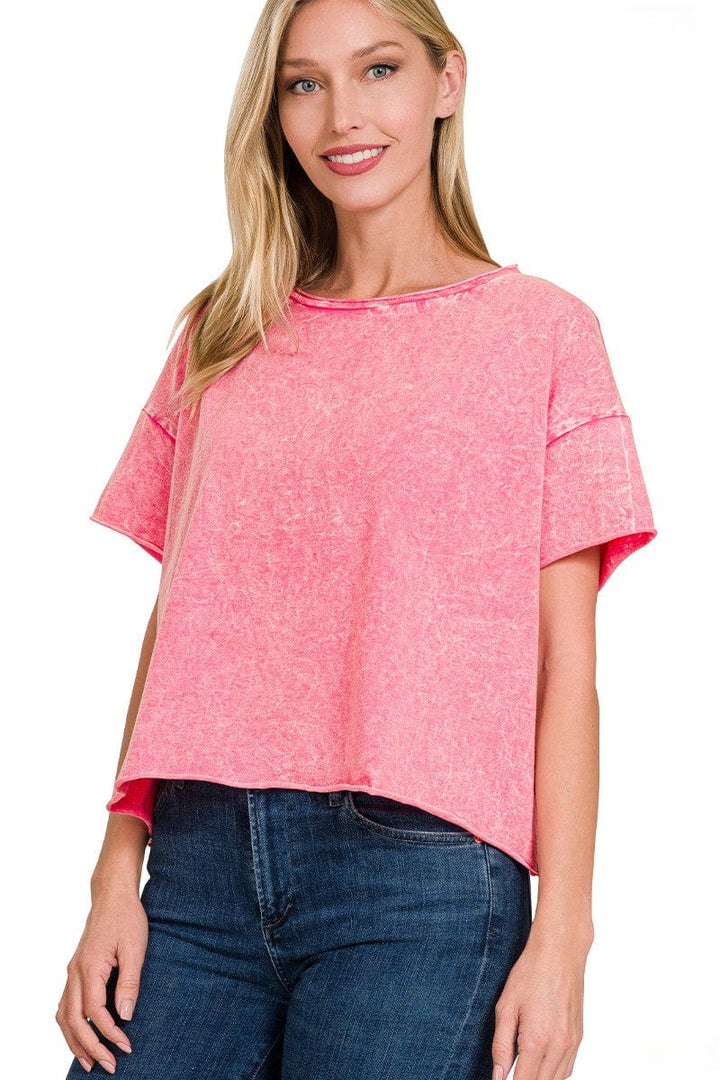 Zenana Crinkle Washed Crew Neck Short Sleeve Cropped Boxy Tee