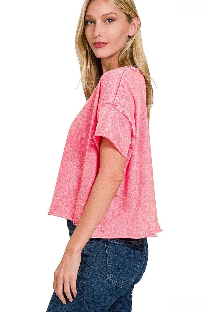 Zenana Crinkle Washed Crew Neck Short Sleeve Cropped Boxy Tee