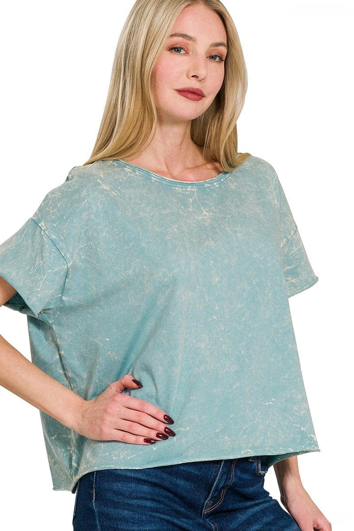 Zenana Crinkle Washed Crew Neck Short Sleeve Cropped Boxy Tee