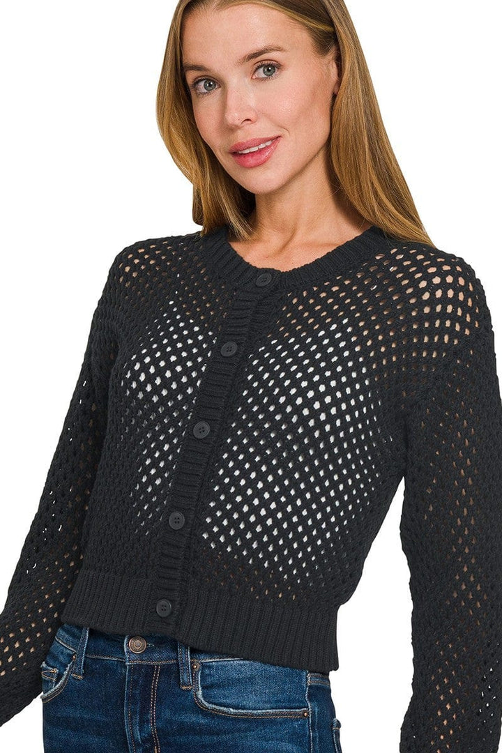 Zenana Cropped Crochet Button Up Cardigan Sweater with Ribbed Edges