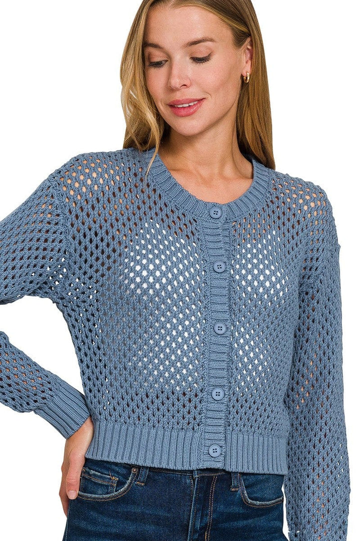 Zenana Cropped Crochet Button Up Cardigan Sweater with Ribbed Edges