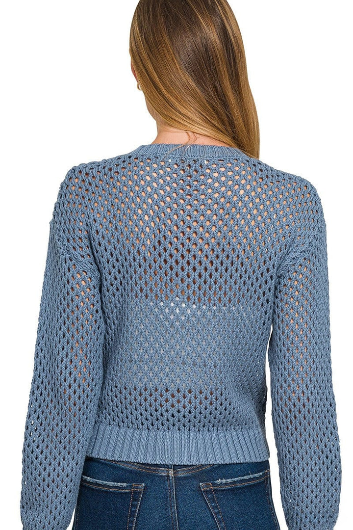 Zenana Cropped Crochet Button Up Cardigan Sweater with Ribbed Edges