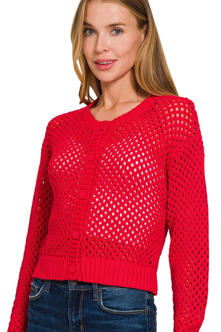 Zenana Cropped Crochet Button Up Cardigan Sweater with Ribbed Edges