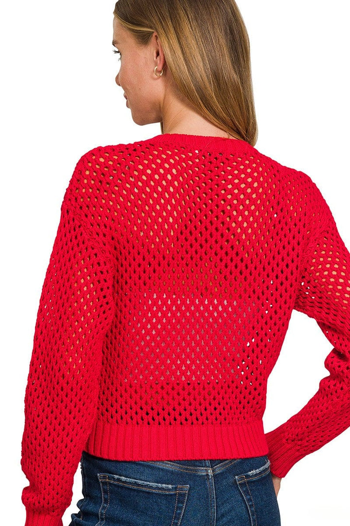 Zenana Cropped Crochet Button Up Cardigan Sweater with Ribbed Edges