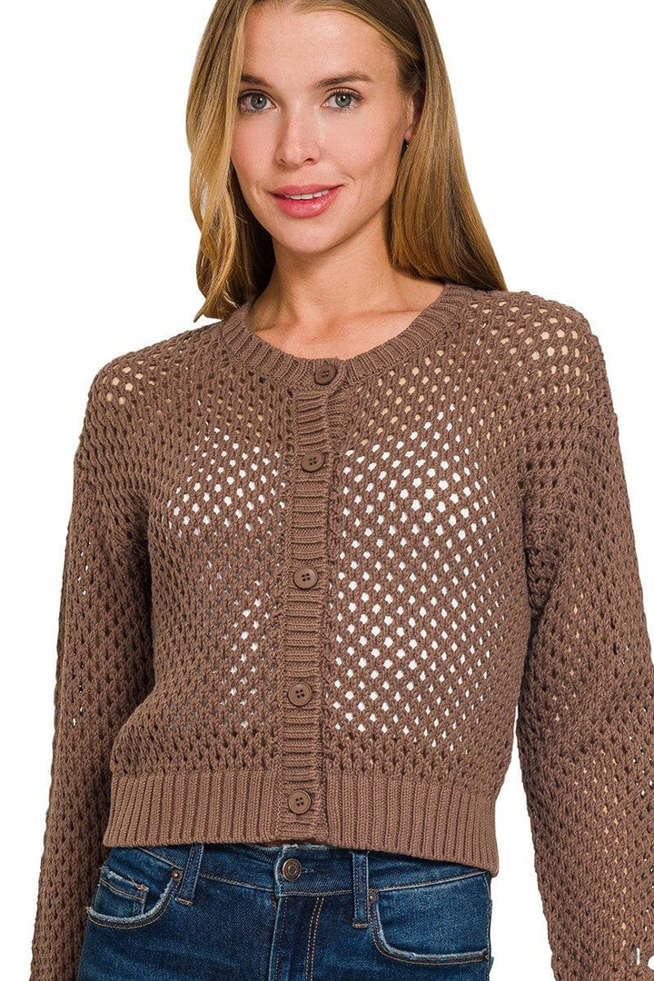 Zenana Cropped Crochet Button Up Cardigan Sweater with Ribbed Edges
