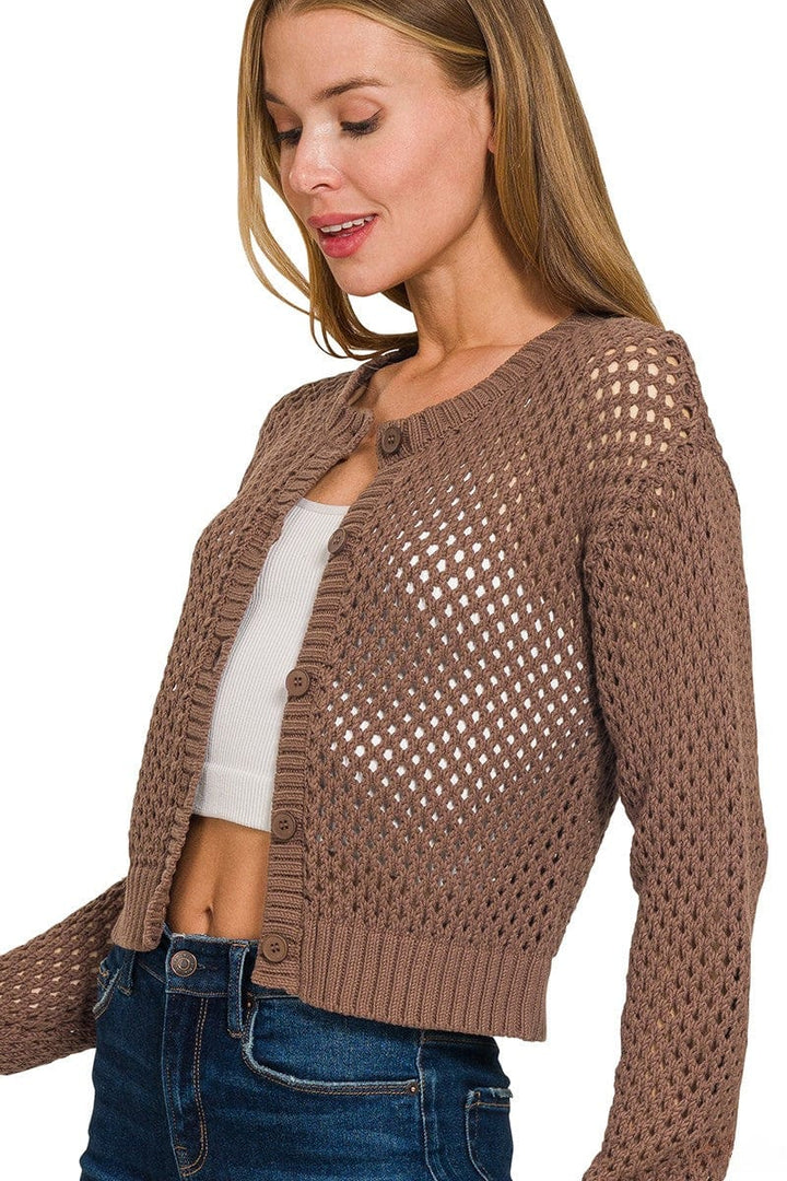 Zenana Cropped Crochet Button Up Cardigan Sweater with Ribbed Edges