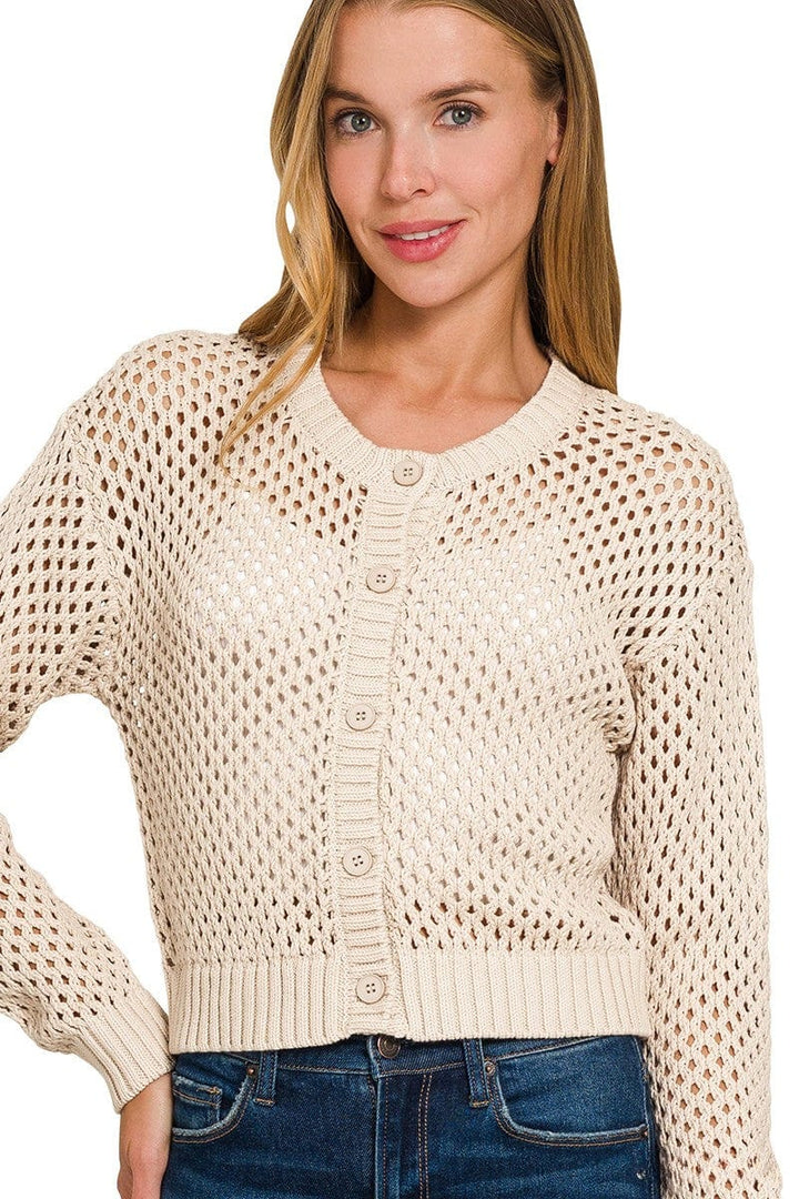 Zenana Cropped Crochet Button Up Cardigan Sweater with Ribbed Edges