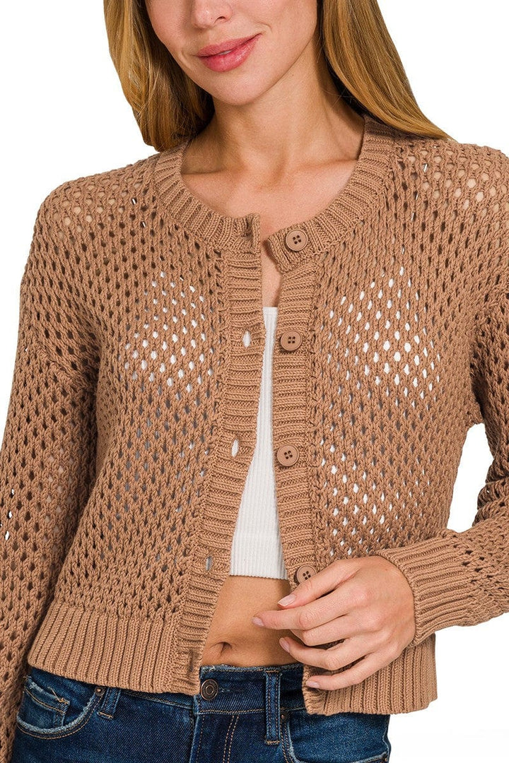 Zenana Cropped Crochet Button Up Cardigan Sweater with Ribbed Edges