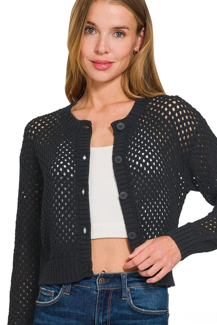 Zenana Cropped Crochet Button Up Cardigan Sweater with Ribbed Edges