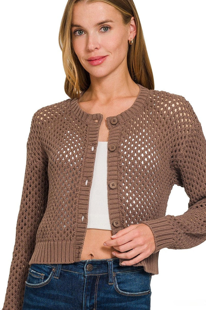Zenana Cropped Crochet Button Up Cardigan Sweater with Ribbed Edges