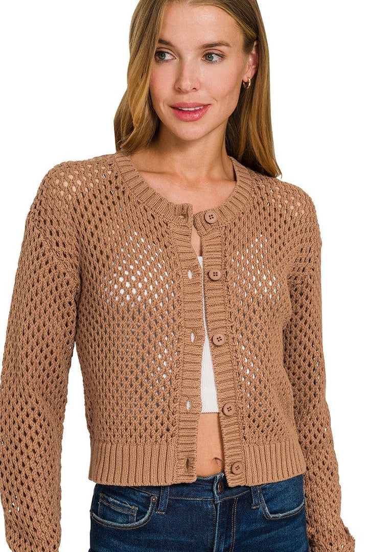 Zenana Cropped Crochet Button Up Cardigan Sweater with Ribbed Edges
