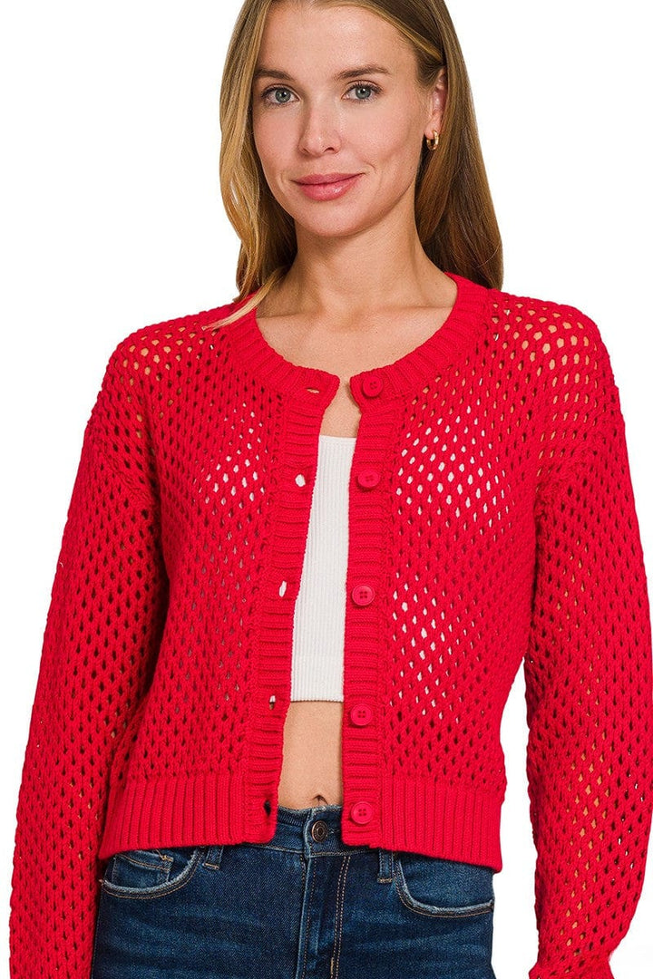 Zenana Cropped Crochet Button Up Cardigan Sweater with Ribbed Edges