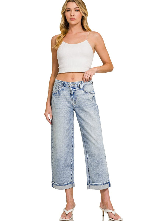 Zenana Cuffed Hem Straight Leg Cropped Casual Denim Jeans