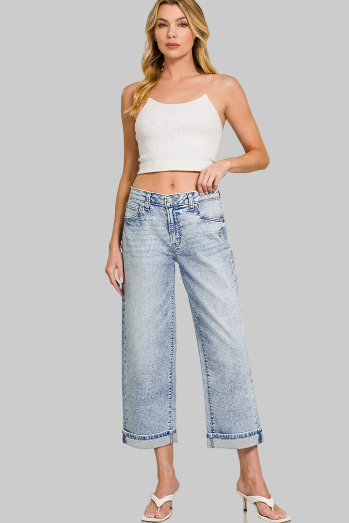 Zenana Cuffed Hem Straight Leg Cropped Casual Denim Jeans