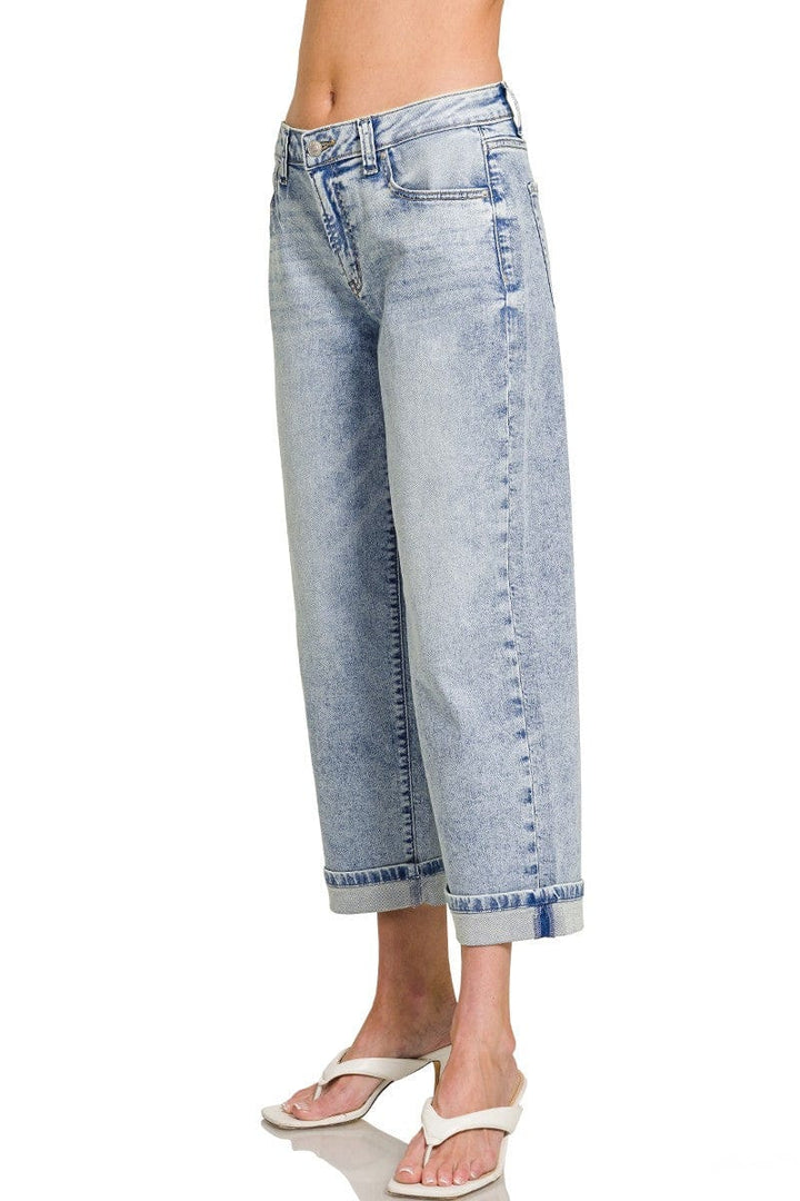 Zenana Cuffed Hem Straight Leg Cropped Casual Denim Jeans