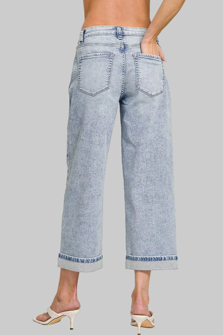 Zenana Cuffed Hem Straight Leg Cropped Casual Denim Jeans