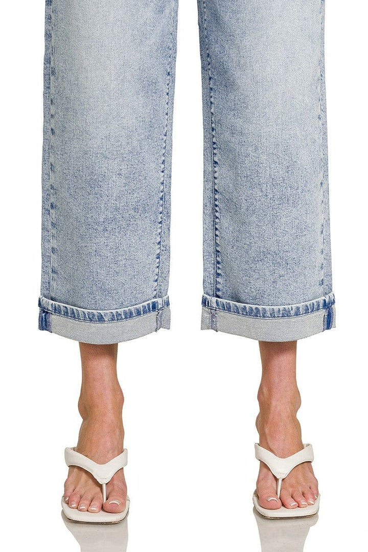 Zenana Cuffed Hem Straight Leg Cropped Casual Denim Jeans